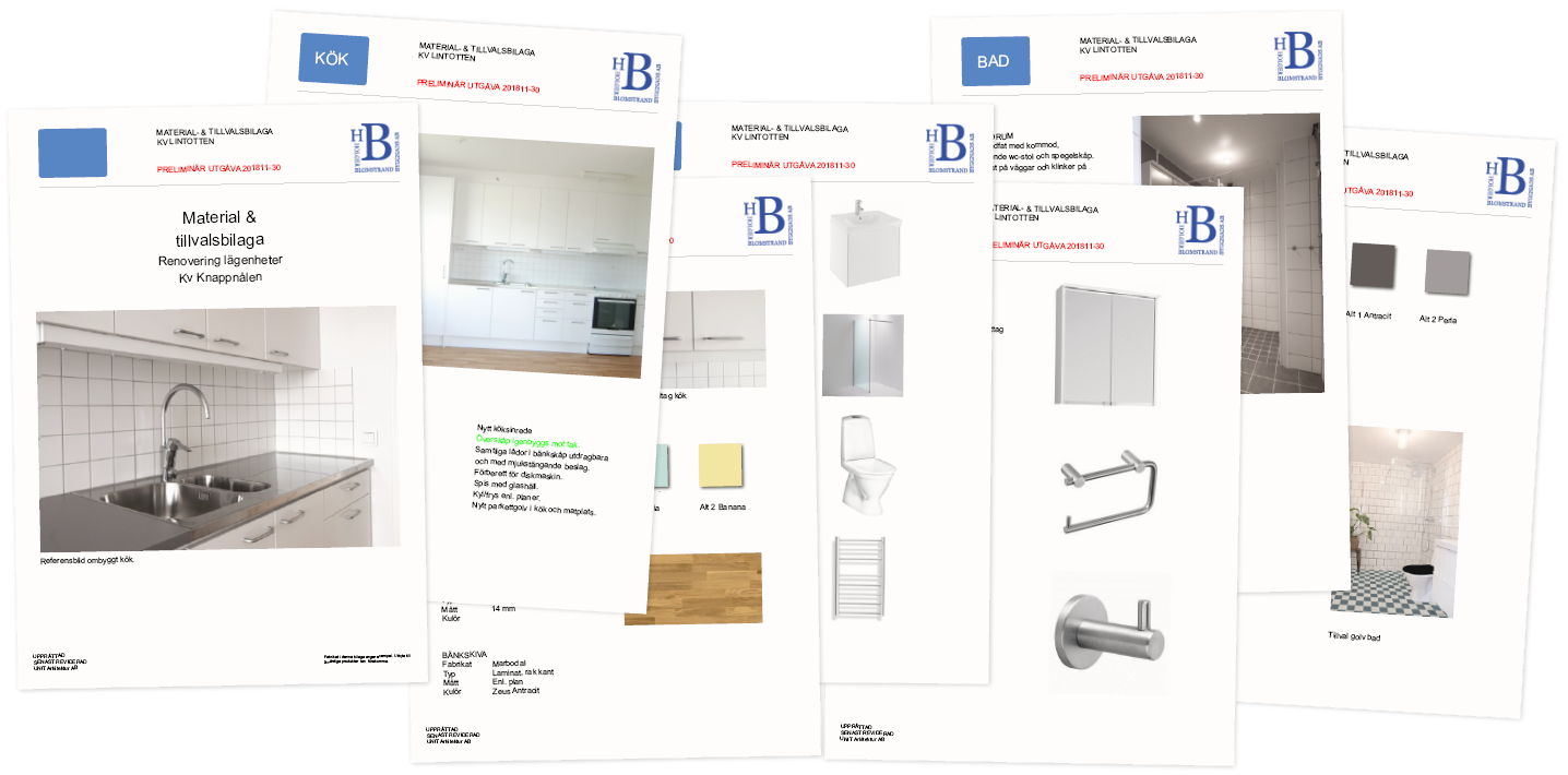 image of 7 document pages laying next to each other; you can see that the document shows images of the planned renovation items and lists the exact product brands and names